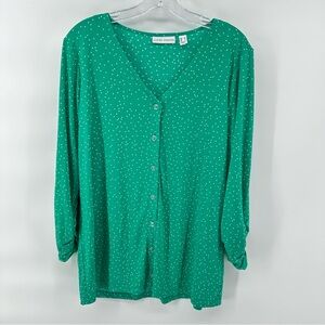 Susan Graver Green Polka Dot Button Down Blouse Liquid Knit quarter sleeve M